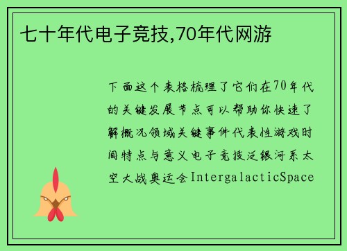 七十年代电子竞技,70年代网游