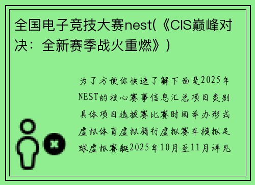 全国电子竞技大赛nest(《CIS巅峰对决：全新赛季战火重燃》)